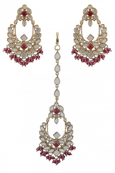Ruby drops and mirror maang tikka and earrings