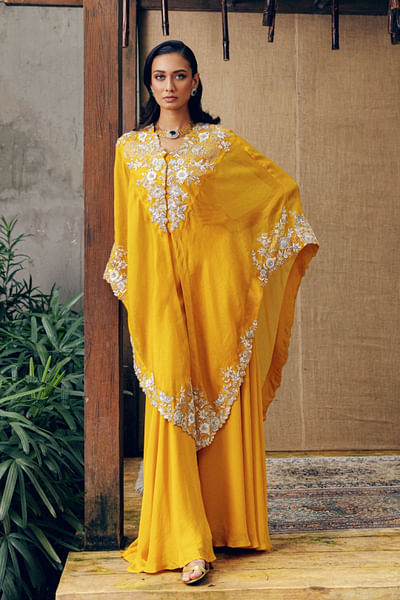 Yellow zardozi embroidered cape kaftan set