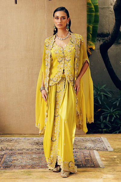 Lime pearl embroidered cape set
