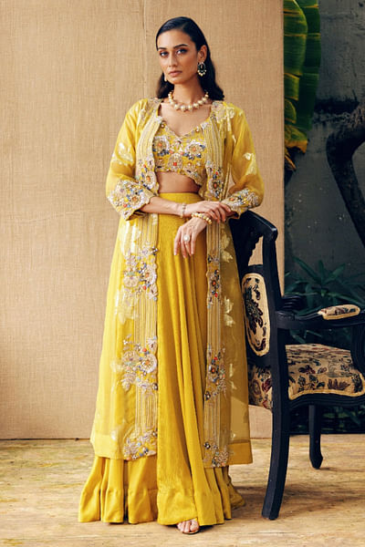 Yellow floral embroidered jacket set
