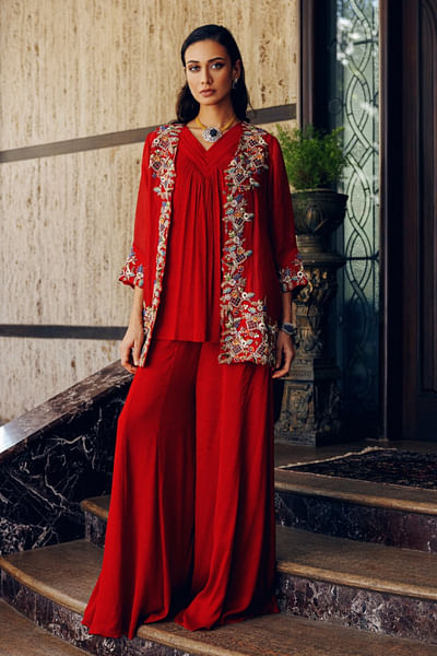 Red zardozi embroidered jacket set