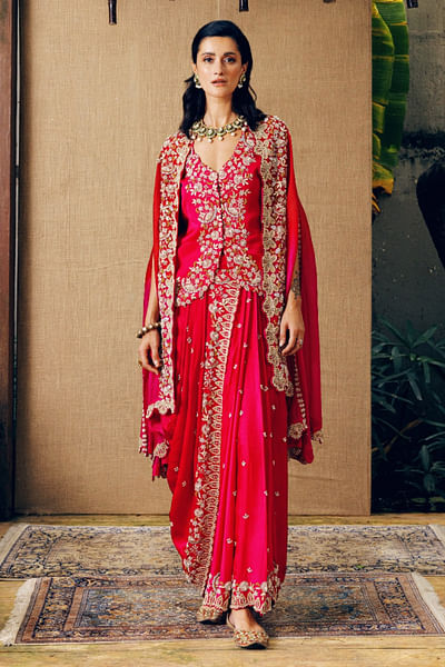 Pink and red pearl embroidered cape set
