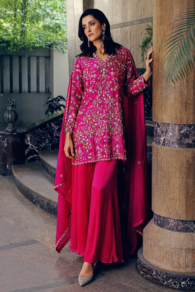 Fuchsia zardozi embroidered kurta set