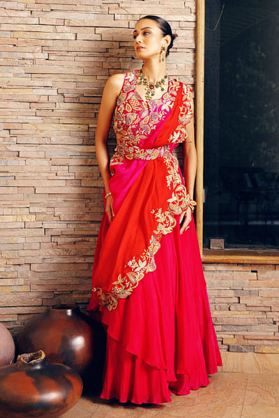 Pink and red layered lehenga set