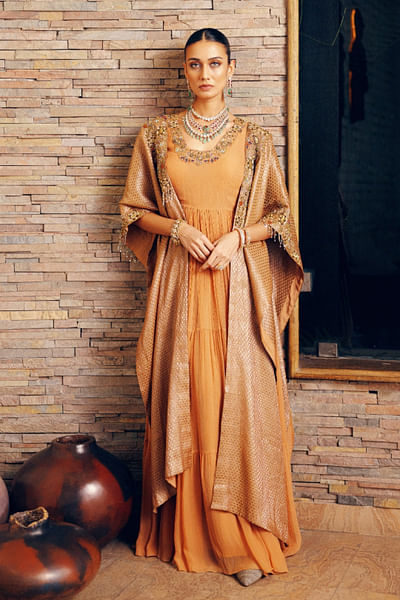 Rust zardozi embroidered jacket set
