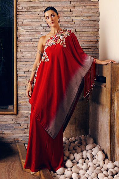 Red zardozi embroidered one-shoulder cape set