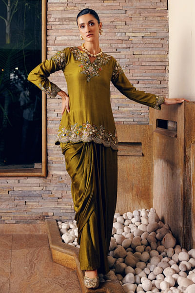 Olive green embroidered kurta and skirt