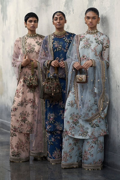 Sky printed embroidered kurta set