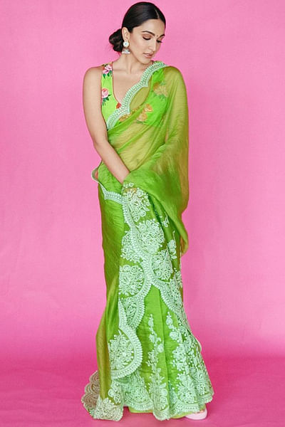 Green embroidered sari