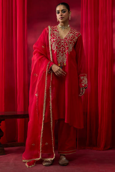 Red embroidered silk kurta set
