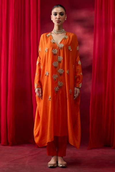 Orange embroidered silk kaftan set