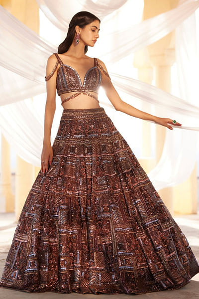 Brown sequin embroidered lehenga set