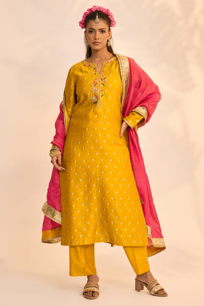 Studio Indiana Mustard woven zari banarasi brocade kurta set STUDAUG26D152482