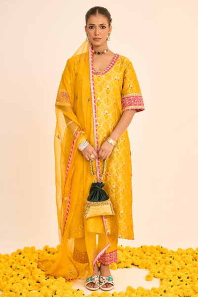 Studio Indiana Marigold yellow woven zari banarasi kurta set STUDAUG26D152483