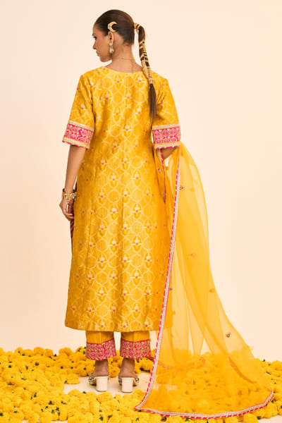 Studio Indiana Marigold yellow woven zari banarasi kurta set STUDAUG26D152483