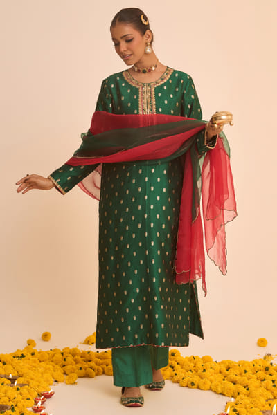 Studio Indiana Jewel green zari banarasi brocade kurta set STUDAUG26D152491