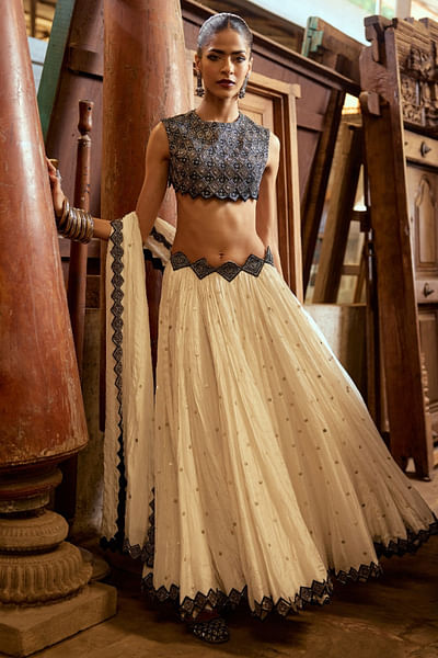 White and black embroidered crush lehenga set