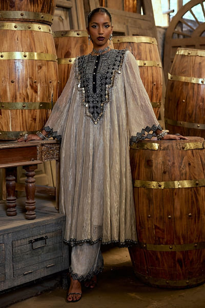 Silver embroidered crushed tissue anarkali set