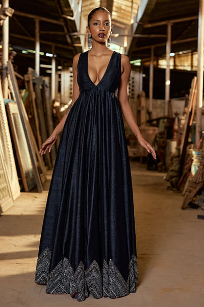 Black embroidered silk gown