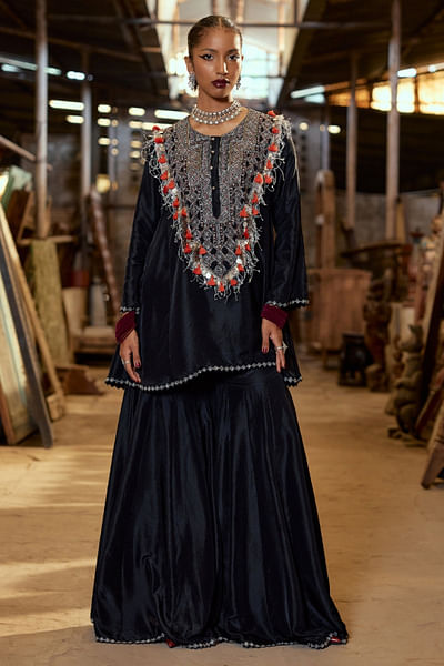 Black embroidery gharara set