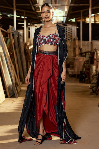 Black and maroon embroidered kaftan dhoti set