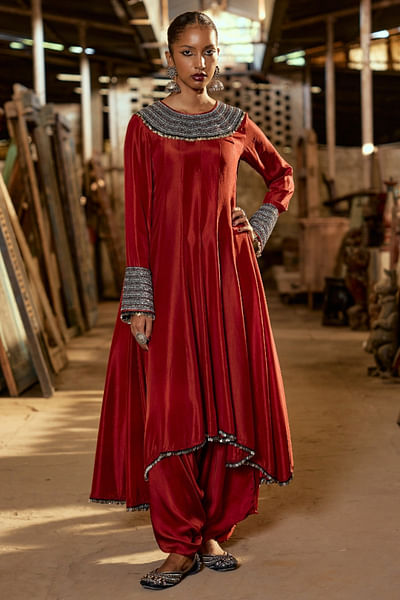 Maroon embroidered high-low anarkali dhoti set
