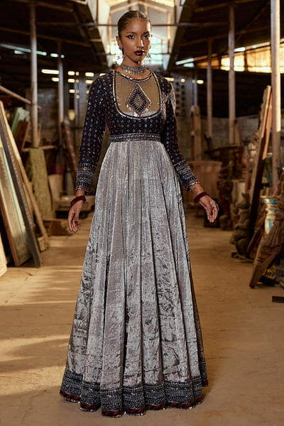 Black and silver embroidered anarkali set