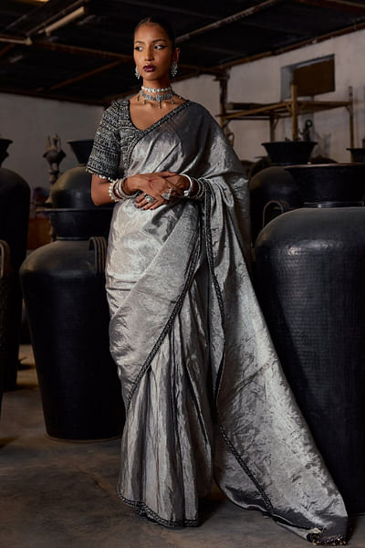 Silver and black tissue silk sari set