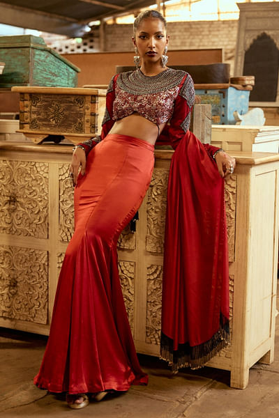 Maroon embroidered mermaid skirt set