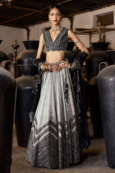 Black and silver embroidered silk lehenga set