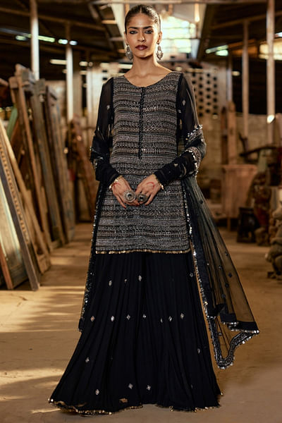 Black embroidered georgette gharara set