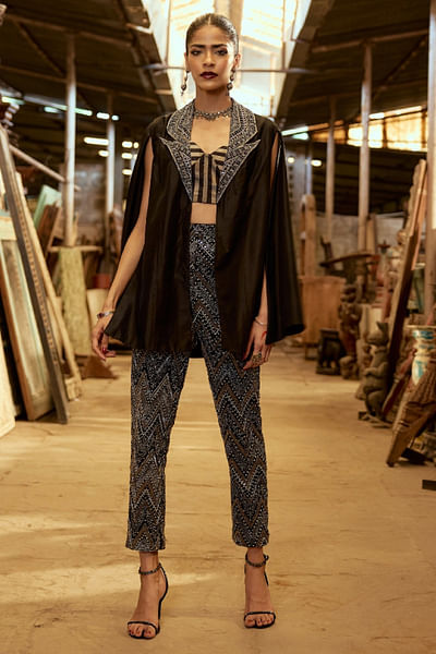 Black embroidered corset blazer set