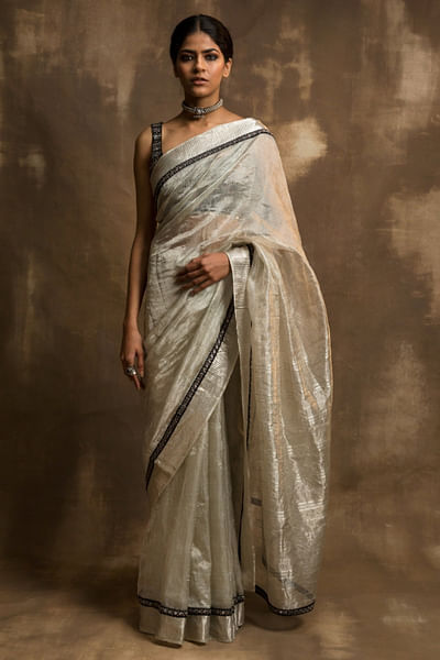 Silver and black embroidered tissue sari set