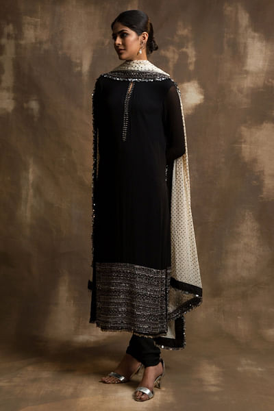 Black and white embellished kurta set