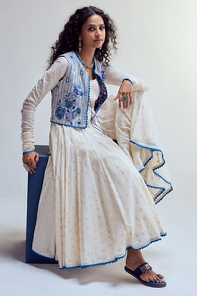Cream lace work anarkali set
