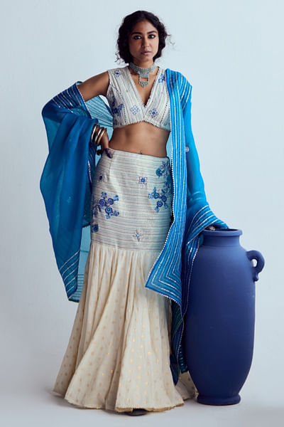 Cream mirror embroidered lehenga set