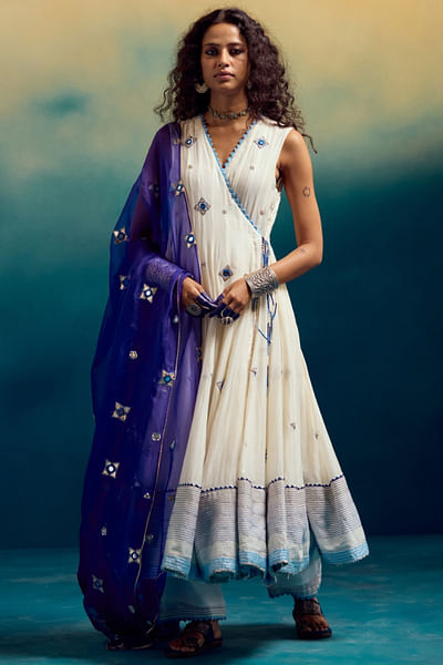 Cream embroidered angrakha anarkali set