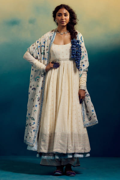 Cream silver and gold stripe anarkali set