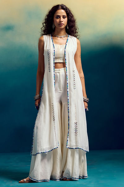 Cream thread embroidered cape set