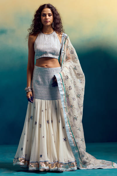 Cream resham embroidered lehenga set