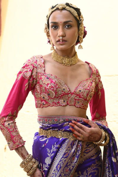 Fuchsia zardozi and thread embroidered blouse