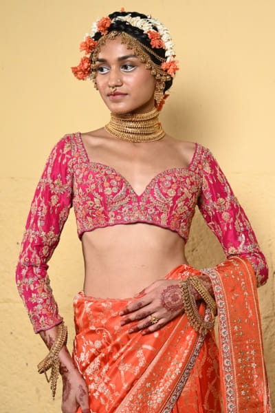 Fuchsia dori and thread embroidered blouse