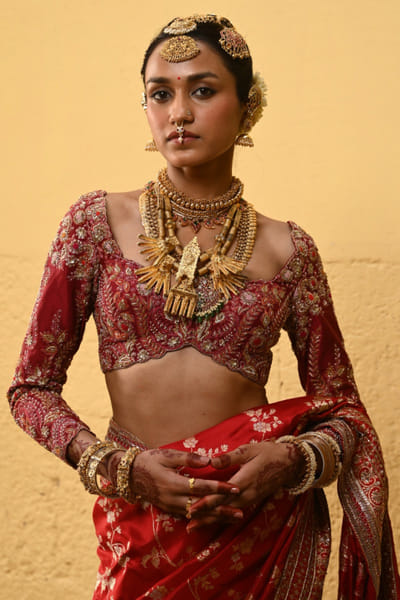 Red zardozi and thread embroidered blouse