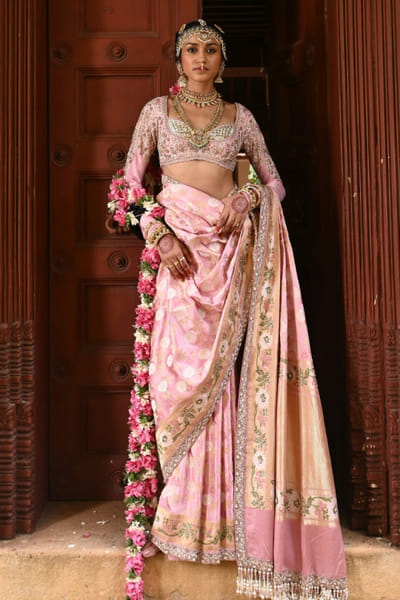 Pink aari-dabka embroidery banarasi sari set