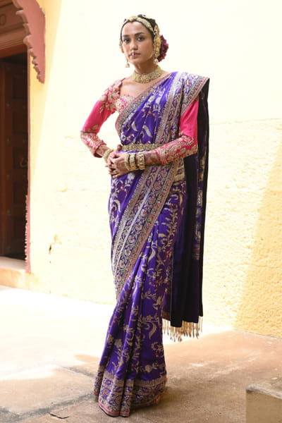 Purple aari dabka embroidery banarasi sari set