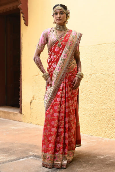 Red aari-dabka embroidery banarasi sari set