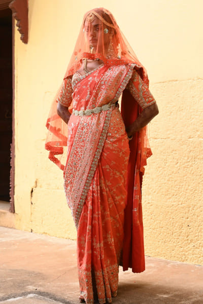 Orange aari hand embroidered veil