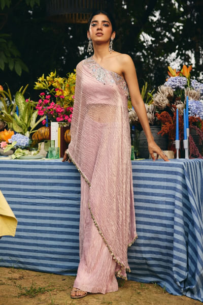 Wood post pink dabka embroidered cape set