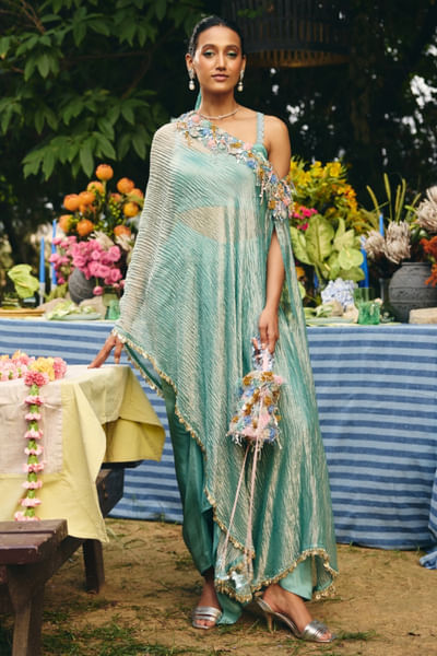 Irish green zari embroidered cape set