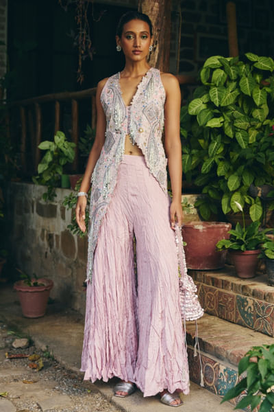 Wood post pink zari embroidered jacket set